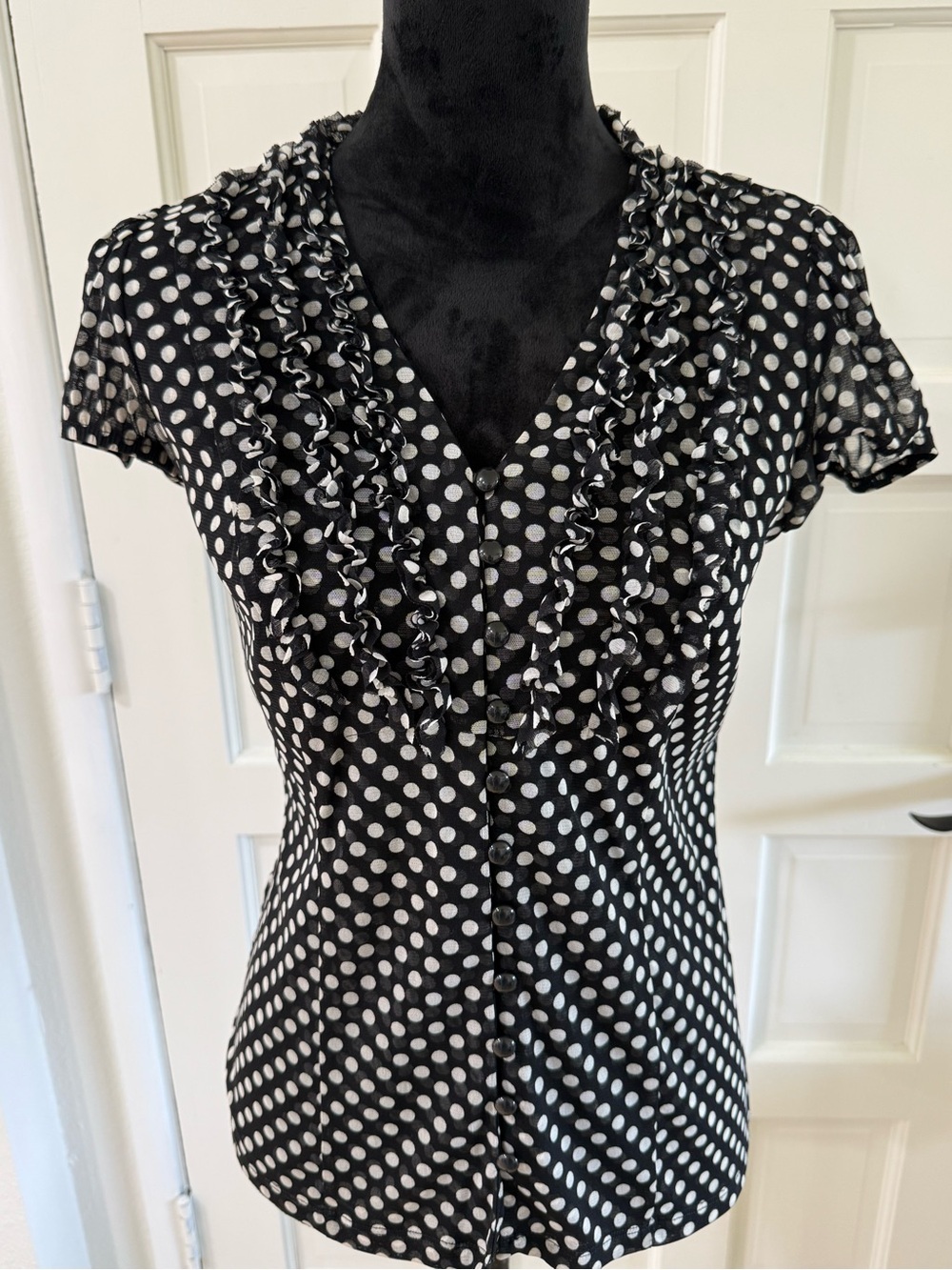 INC International Concepts Black White Polka Dot Ruffle Blouse Medium